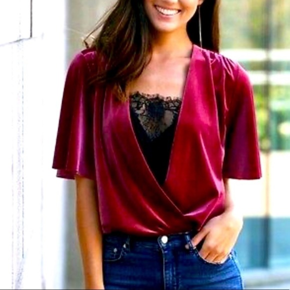 Another Story Velvet Bell Sleeve  Bodysuit in Black - Picture 2 of 14